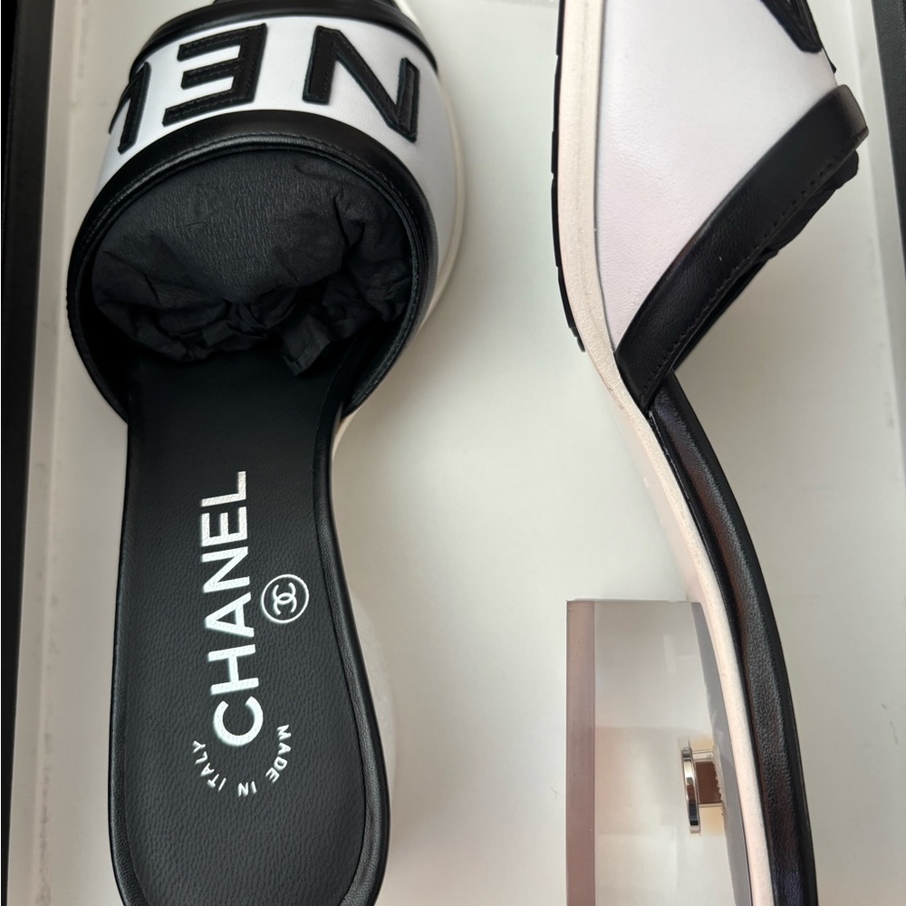 CHANEL Black & White Logo Slide Mules - Picture 5 of 9